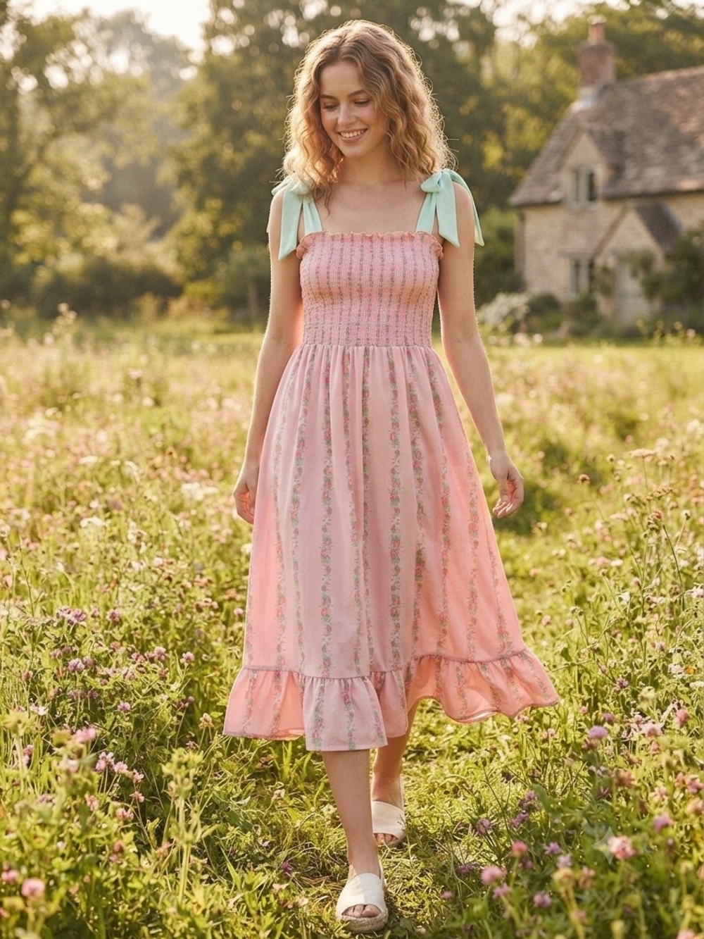 Abby & Evie Cottagecore Pink Floral Smocked Midi Dress Mint Tie Straps M